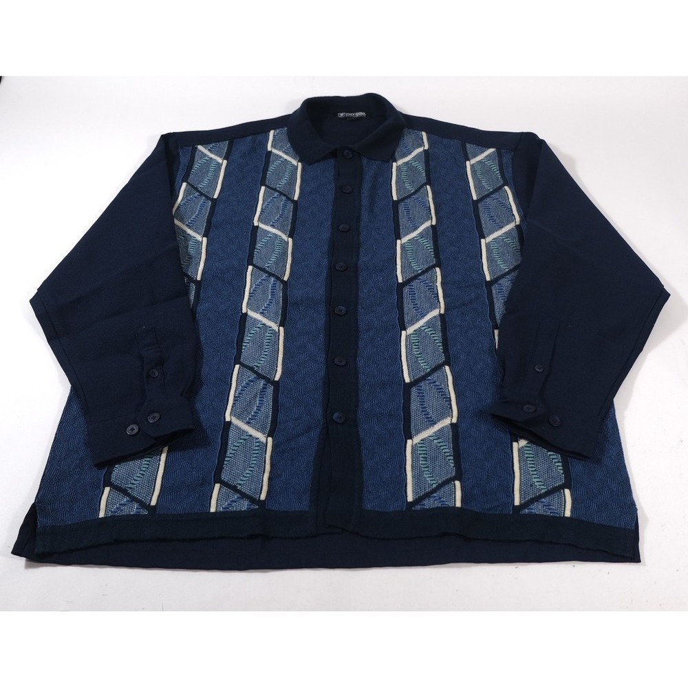 Stacy Adams Button Up Men 3XL Navy Blue Vintage Y2K Geometric Knit Long Sleeve